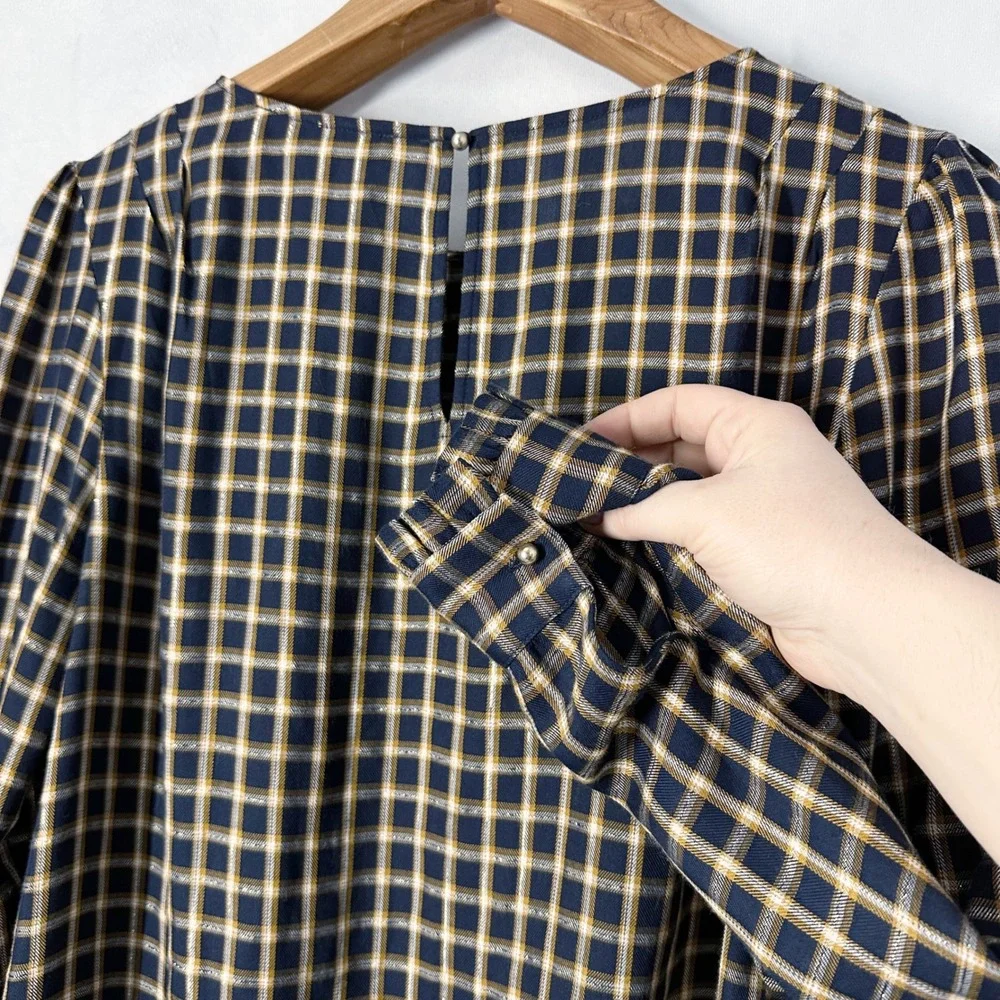 LOFT Long Sleeve Plaid Navy Blue Gold Metallic Blouse Women's Size Large
